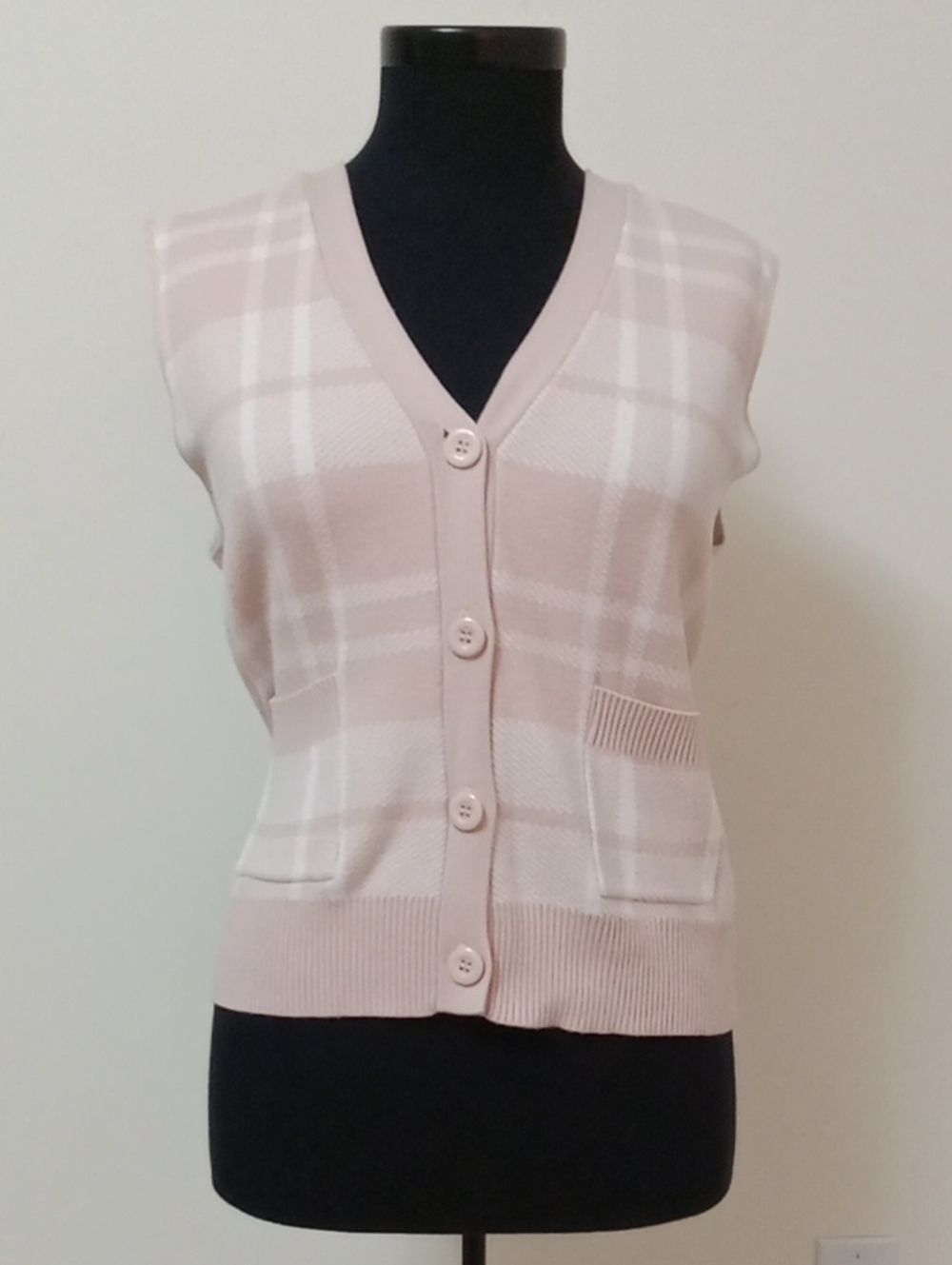 Sioni Pale Pink and White Checked V-Neck Button Front Sweater Vest